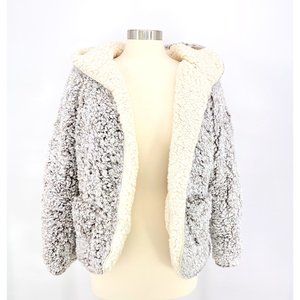 Reversible Teddy Sherpa Fur Open Front Hoodie Jacket With Pockets Cream NWT